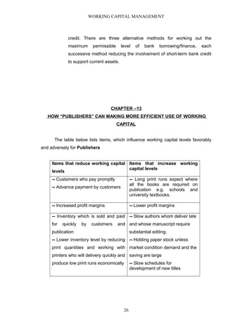 WORKING CAPITAL MANAGEMENT
credit. There are three alternative methods for working out the
maximum permissible level of bank borrowing/finance, each
successive method reducing the involvement of short-term bank credit
to support current assets.
CHAPTER –13
HOW “PUBLISHERS” CAN MAKING MORE EFFICIENT USE OF WORKING
CAPITAL
The table below lists items, which influence working capital levels favorably
and adversely for Publishers
Items that reduce working capital
levels
Items that increase working
capital levels
-- Customers who pay promptly
-- Advance payment by customers
-- Long print runs expect where
all the books are required on
publication e.g. schools and
university textbooks.
-- Increased profit margins -- Lower profit margins
-- Inventory which is sold and paid
for quickly by customers and
publication
-- Lower inventory level by reducing
print quantities and working with
printers who will delivery quickly and
produce low print runs economically
-- Slow authors whom deliver late
and whose manuscript require
substantial editing.
-- Holding paper stock unless
market condition demand and the
saving are large
-- Slow schedules for
development of new titles
26
 
