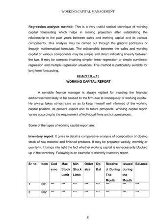 WORKING CAPITAL MANAGEMENT
Regression analysis method: This is a very useful statical technique of working
capital forecasting which helps in making projection after establishing the
relationship in the past years between sales and working capital and its various
components. This analysis may be carried out through the graphic portrayals or
through mathematical formulae. The relationship between the sales and working
capital of various components may be simple and direct indicating linearly between
the two. It may be complex involving simpler linear regression or simple curvilinear
regression and multiple regression situations. This method is particularly suitable for
long term forecasting.
CHAPTER – 16
WORKING CAPITAL REPORT
A sensible finance manager is always vigilant for avoiding the financial
embarrassment likely to be caused to the firm due to inadequacy of working capital.
He always takes utmost care so as to keep himself well informed of the working
capital position, its present aspect and its future prospects. Working capital report
varies according to the requirement of individual firms and circumstances.
Some of the types of working capital report are:
Inventory report: It gives in detail a comparative analysis of composition of closing
stock of raw material and finished products. It may be prepared weekly, monthly or
quarterly. It brings into light the fact whether working capital is unnecessarily blocked
up in the inventory. Fallowing is an example of monthly inventory report.
Sr no Item Cod
e no
Max
Stock
Limit
Min
Stock
Limit
Order
size
Op
Bal
Receive
d During
The
Month
Issued
during
the
Month
Balance
1 001 *** *** *** *** *** *** *** ***
2 002 *** *** *** *** *** *** *** ***
31
 