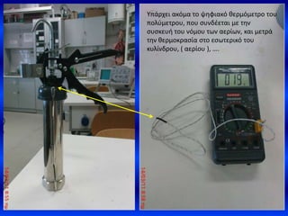 Υπάρχει ακόμα το ψηφιακό θερμόμετρο του πολύμετρου, που συνδέεται με την συσκευή του νόμου των αερίων, και μετρά την θερμοκρασία στο εσωτερικό του κυλίνδρου, ( αερίου ), ….