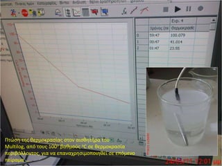 Πτώση της θερμοκρασίας στον αισθητήρα του Multilog, από τους 100ο βαθμούς οC σε θερμοκρασία περιβάλλοντος, για να επαναχρησιμοποιηθεί σε επόμενο πείραμα …