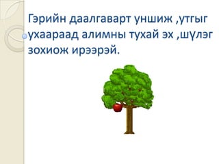 * Өвгөн хэний хурааж ургуулсан алимыг насаараа идсэн бэ?Яасан?Хаантан өвгөнд алт өгөхийн учир юунд байв?Хаантан өвгөнд ялагдсан уу?Хаантан  юу гэж хэлээд явсан бэ?Хаанаас  өвгөнд юу үлдсэн бэ? Хаантан өвгөнийг шийтгэсэн үү?Хаан энэ явдлаас ямар сургамж авсан бол?