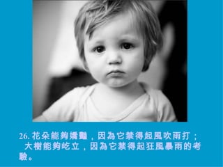 26. 花朵能夠嬌豔，因為它禁得起風吹雨打；   大樹能夠屹立，因為它禁得起狂風暴雨的考驗。 