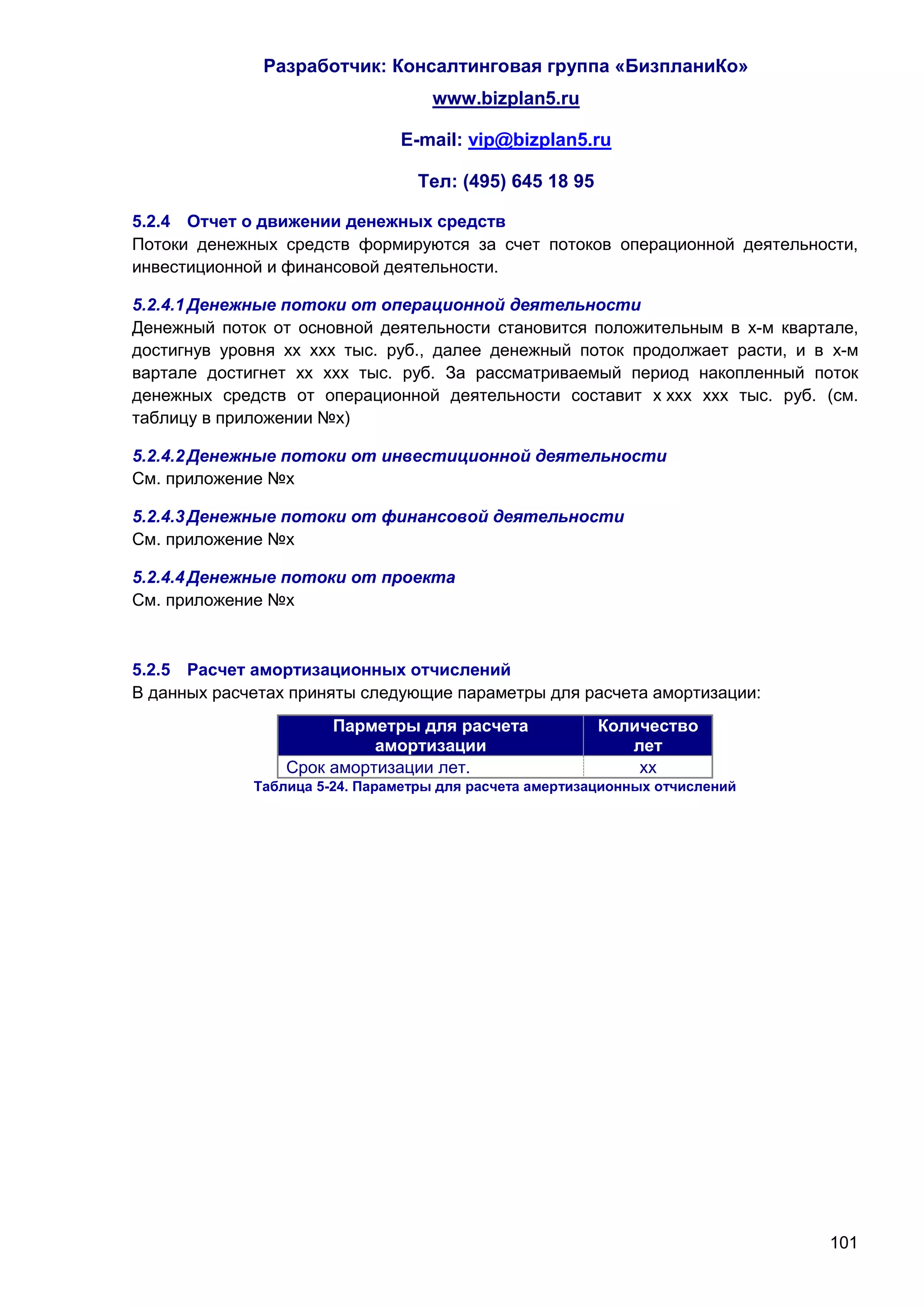 Разработчик: Консалтинговая группа «БизпланиКо»
                                   www.bizplan5.ru

                               E-mail: vip@bizplan5.ru

                                  Тел: (495) 645 18 95

5.2.4 Отчет о движении денежных средств
Потоки денежных средств формируются за счет потоков операционной деятельности,
инвестиционной и финансовой деятельности.

5.2.4.1 Денежные потоки от операционной деятельности
Денежный поток от основной деятельности становится положительным в х-м квартале,
достигнув уровня хх ххх тыс. руб., далее денежный поток продолжает расти, и в х-м
вартале достигнет хх ххх тыс. руб. За рассматриваемый период накопленный поток
денежных средств от операционной деятельности составит х ххх ххх тыс. руб. (см.
таблицу в приложении №х)

5.2.4.2 Денежные потоки от инвестиционной деятельности
См. приложение №х

5.2.4.3 Денежные потоки от финансовой деятельности
См. приложение №х

5.2.4.4 Денежные потоки от проекта
См. приложение №х



5.2.5 Расчет амортизационных отчислений
В данных расчетах приняты следующие параметры для расчета амортизации:
                      Парметры для расчета               Количество
                           амортизации                      лет
                 Срок амортизации лет.                       хх
             Таблица 5-24. Параметры для расчета амертизационных отчислений




                                                                              101
 
