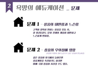 2 
욕망의 에듀케이션 _ 문제 
문제 1 – 상품의 태만함과 느슨함 
고객이 정확히 원하는 상품을 유통 시, 
잘 팔리더라도 문화 전체와 제품이 태만하고 
느슨하게 변화함. 
문제 2 – 상품의 우위성에 영향 
(시장의 욕망의 질이 높을수록 좋은 상품이 만들어짐) 
좋은 상품이 외국에서 들어오면 
상품계발을 촉진하기도 하지만 
아예 국내 상품이 사라질 수도 있다. 
 