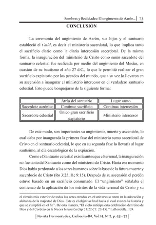 73Sombras y Realidades: El ungimento de Aarón...
Revista Hermenêutica, Cachoeira-BA, Vol. 14, N. 2, p. 43 - 72
CONCLUSIÓN
La ceremonia del ungimiento de Aarón, sus hijos y el santuario
estableció el t’mîd, es decir el ministerio sacerdotal, lo que implica tanto
el sacrificio diario como la diaria intercesión sacerdotal. De la misma
forma, la inauguración del ministerio de Cristo como sumo sacerdote del
santuario celestial fue realizada por medio del ungimiento del Mesías, en
ocasión de su bautismo el año 27 d.C., lo que le permitió realizar el gran
sacrificio expiatorio por los pecados del mundo, que a su vez lo llevaron en
su ascensión a inaugurar el ministerio intercesor en el verdadero santuario
celestial. Esto puede bosquejarse de la siguiente forma:
Atrio del santuario Lugar santo
Sacerdote aarónico Continuo sacrificio Continua intercesión
Sacerdote celestial
Único gran sacrificio
expiatorio
Ministerio intercesor
De este modo, son importantes su ungimiento, muerte y ascensión, lo
cual daba por inaugurada la primera fase del ministerio sumo sacerdotal de
Cristo en el santuario celestial, lo que en su segunda fase lo llevaría al lugar
santísimo, al día escatológico de la expiación.
ComoelSantuariocelestialexistíaantesqueelterrenal,lainauguración
no fue tanto del Santuario como del ministerio de Cristo. Hasta ese momento
Dios había perdonado a los seres humanos sobre la base de la futura muerte y
sacerdocio de Cristo (Ro 3:25; He 9:15). Después de su ascensión el perdón
estuvo basado en un sacrificio consumado. El “ungimiento” señalaba el
comienzo de la aplicación de los méritos de la vida terrenal de Cristo y su
el círculo más exterior de todos los seres creados en el universo se unen en la adoración y
alabanza de la majestad de Dios. Este es el objetivo final hacia el cual avanza la historia y
que se cumplirá en el fin”. De esta manera, “El cielo anticipa esta celebración del reino de
Dios y del Cordero en la Nueva Jerusalén (Ap 21:22-27: 22-15).” LaRondelle, 124.
 