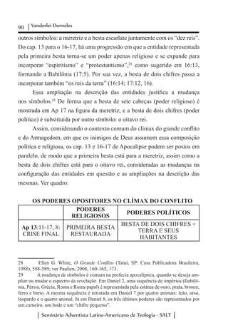 90 Vanderlei Dorneles
Seminário Adventista Latino-Americano de Teologia - SALT
outros símbolos: a meretriz e a besta escarlate juntamente com os “dez reis”.
Do cap. 13 para o 16-17, há uma progressão em que a entidade representada
pela primeira besta torna-se um poder apenas religioso e se expande para
incorporar “espiritismo” e “protestantismo”,28
como sugerido em 16:13,
formando a Babilônia (17:5). Por sua vez, a besta de dois chifres passa a
incorporar também “os reis da terra” (16:14; 17:12, 16).
Essa ampliação na descrição das entidades justifica a mudança
nos símbolos.29
De forma que a besta de sete cabeças (poder religioso) é
mostrada em Ap 17 na figura da meretriz, e a besta de dois chifres (poder
político) é substituída por outro símbolo: o oitavo rei.
Assim, considerando o contexto comum do clímax do grande conflito
e do Armagedom, em que os inimigos de Deus assumem essa composição
política e religiosa, os cap. 13 e 16-17 de Apocalipse podem ser postos em
paralelo, de modo que a primeira besta está para a meretriz, assim como a
besta de dois chifres está para o oitavo rei, consideradas as mudanças na
configuração das entidades em questão e as ampliações na descrição das
mesmas. Ver quadro:
OS PODERES OPOSITORES NO CLÍMAX DO CONFLITO
PODERES
RELIGIOSOS
PODERES POLÍTICOS
Ap 13:11-17, 8:
CRISE FINAL
PRIMEIRA BESTA
RESTAURADA
BESTA DE DOIS CHIFRES +
TERRA E SEUS
HABITANTES
28	 Ellen G. White, O Grande Conflito (Tatuí, SP: Casa Publicadora Brasileira,
1988), 588-589; ver Paulien, 2008, 160-165, 173.
29	 A mudança de símbolos é comum na profecia apocalíptica, quando se deseja am-
pliar ou mudar o espectro da revelação. Em Daniel 2, uma sequência de impérios (Babilô-
nia, Pérsia, Grécia, Roma e Roma papal) é representada pela estátua de ouro, prata, bronze,
ferro e barro. A mesma sequência é retratada em Daniel 7 por quatro animais: leão, urso,
leopardo e o quarto animal. Já em Daniel 8, os três últimos poderes são representados por
um carneiro, um bode e um “chifre pequeno”.
 