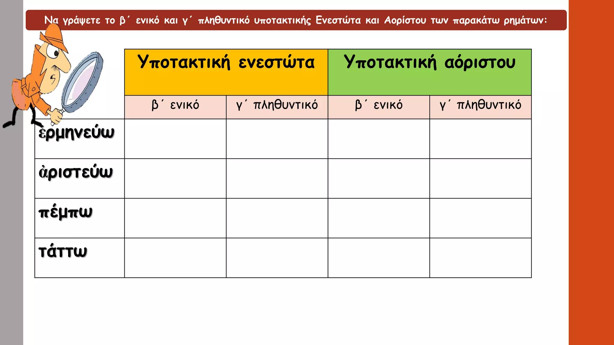 Να γράψετε το β΄ ενικό και γ΄ πληθυντικό υποτακτικής Ενεστώτα και Αορίστου των παρακάτω ρημάτων:
Υποτακτική ενεστώτα Υποτακτική αόριστου
β΄ ενικό γ΄ πληθυντικό β΄ ενικό γ΄ πληθυντικό
ἑρμηνεύω
ἀριστεύω
πέμπω
τάττω
 