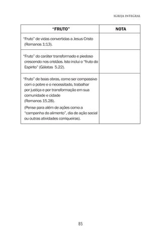 85
Igreja Integral
“FRUTO” NOTA
“Fruto” de vidas convertidas a Jesus Cristo
(Romanos 1:13).
“Fruto” do caráter transformado e piedoso
crescendo nos cristãos. Isto inclui o “fruto do
Espirito” (Gálatas 5.22).
“Fruto” de boas obras, como ser compassivo
com o pobre e o necessitado, trabalhar
por justiça e por transformação em sua
comunidade e cidade
(Romanos 15.28).
(Pense para além de ações como a
“campanha do alimento”, dia de ação social
ou outras atividades corriqueiras).
 