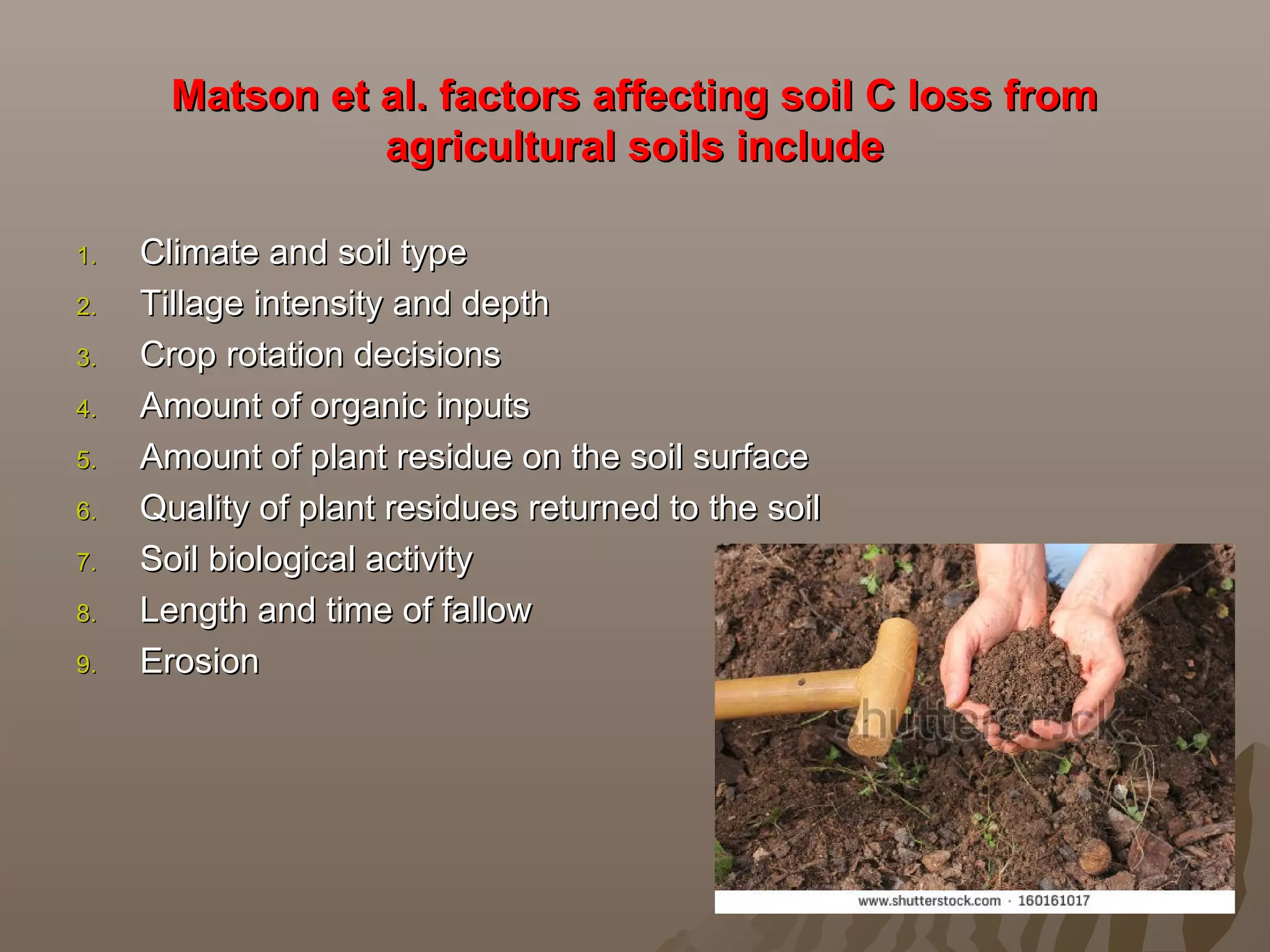Matson et al. factors affecting soil C loss fromMatson et al. factors affecting soil C loss from
agricultural soils includeagricultural soils include
1.1. Climate and soil typeClimate and soil type
2.2. Tillage intensity and depthTillage intensity and depth
3.3. Crop rotation decisionsCrop rotation decisions
4.4. Amount of organic inputsAmount of organic inputs
5.5. Amount of plant residue on the soil surfaceAmount of plant residue on the soil surface
6.6. Quality of plant residues returned to the soilQuality of plant residues returned to the soil
7.7. Soil biological activitySoil biological activity
8.8. Length and time of fallowLength and time of fallow
9.9. ErosionErosion
 