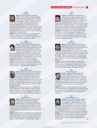 GOLDEN BOYИССЛЕДОВАНИЕ
2012
Иско
Тогда. Летом 2010 года в «Малаге» на-
чалась эра «Эль-Тани». Акции испанского
клуба приобрел богатый шейх Абдулла
бин Нассер Аль-Тани. В клуб пришел Ману
Пеллегрини, были куплены солидные
игроки вроде Ван Нистелроя, Рондона, Касорлы, Хоа-
кина Санчеса и Иско. Последний – 20-летний полуза-
щитник – стал главным открытием испанского сезона.
Благодаря ему «Малага» впервые пробилась в Лигу
чемпионов. «Анчоусы» дошли до четвертьфинала.
Теперь. Игрок мадридского «Реала». После ухода
из «Малаги» за Иско закрепили 22-й номер. При-
мечательно, что испанец провел с «анчоусами» всего
три сезона. Сейчас полузащитник выгрызает место
в составе «галактикос», где традиционно по три фут-
болиста на каждую позицию.
2013
Поль Погба
Тогда. Главный провал столетия транс-
ферной политики «Манчестер Юнайтед».
Поль Погба переехал из Гавра в Манчестер
в 15 лет. В 2012-м боссы «МЮ» про-
дали француза за чуть более 1,5 млн евро
«Ювентусу». Антонио Конте гармонично вписал Поля
в трио центральных хавбеков к Артуро Видалю и Анд­
реа Пирло. «Юве» в очередной раз стал чемпионом.
А в том же году Погба дебютировал в сборной Фран-
ции и оказался в заявке «трехцветных» на чемпионат
в Бразилии.
Теперь. Самый дорогой футболист планеты. Воз-
вращение Погба обошлось «Манчестер Юнайтед»
в 105 млн евро. Это рекордная отметка. Поль откро-
венно провалил домашний чемпионат Европы и по-
прежнему в поисках себя в чемпионате Англии.
2014
Рахим Стерлинг
Тогда. Самый многообещающий фут-
болист «Ливерпуля» за долгие годы.
Англичанин по паспорту, ямаец по месту
рождения. Брендон Роджерс стал привле-
кать Рахима к основе с 17 лет. В 2014 году
«Ливерпуль» как никогда был близок к чемпионству.
Драматичное падение Стиви Джи стало фатальным,
а «золото» уехало в Манчестер, а вместе с ним –
и Стерлинг.
Теперь. Футболист «Манчестер Сити», купленный
почти за 60 млн евро. При Мануэле Пеллегрини Рахим
не засверкал. Пеп Гвардиола еще не потерял надежду
выжать из неприлично дорогого полузащитника
максимум.
2015
Антони Марсьяль
Тогда. Одна из причин считать, что Луи
ван Гал оказался в роли тренера «МЮ»
не зря. Вместе с победой в Кубке Англии,
само собой. Антони – воспитанник «Ли-
она», но раскрылся в «Монако». Леонарду
Жардим разглядел в нем будущего Тьерри Анри, но
тот перешел не в «Арсенал», а в «Манчестер Юнай-
тед». Прошедший сезон для Марсьяля вышел ском-
канным и неоднозначным, как и для всего «Юнайтед».
Теперь. Спустя год конкуренция в Манчестере вырос-
ла. Марсьяля лишили «девятки» и отдали ее Златану
Ибрагимовичу. А кроме шведа есть еще и Маркус
Рэшфорд, не менее многообещающий форвард, чем
сам Антони.
2008
Андерсон
Тогда. Бразильский полузащитник
«Порту» после победы на Копа Америка
в Венесуэле заинтересовал скаутов «МЮ»
и уже через полгода подписал с «дьявола-
ми» контракт. «Порту» за сделку получил
32 млн евро. Андерсон стал вторым бразильцем
в истории «Юнайтед» после Клеберсона. На тот
момент южноамериканский полузащитник был регу-
лярным игроком основы и даже вышел в финале Лиги
чемпионов в Москве. Но с годами начал все больше
травмироваться и проводить досуг в клубах. Впослед-
ствии ушел в «Фиорентину».
Теперь. Всеми забытый вернулся на родину и выс­
тупает за «Интернасьонал». Заметно располнел
и с трудом передвигается по полю. О сборной Андер-
сон уже и не мечтает, а ему нет еще и 30 лет.
2009
Алешандре Пато
Тогда. После победы «Интернасьонала»
на Кубке Либертадорес и клубном чемпио­
нате мира к Пато присматривались многие
европейские клубы. Перешел в «Милан»
в 2007-м за 21 млн евро. Долго не мог дебю-
тировать из-за возрастного ограничения.
В составе сборной выиграл «бронзу» Олимпиады и
Кубок конфедераций. После ухода Карло Анчелотти
из «Милана» Пато стал конкурировать за место в сос­
таве с Марко Борьелло и Фелиппо Индзаги.
Теперь. Талантливого нападающего погубили
травмы. Последние три года он провел в Бразилии,
а прош­лой весной оказался в аренде в «Челси». С ны-
нешнего сезона – футболист «Вильярреала», где пере-
тасовка состава – любимое хобби президента.
2010
Марио Балотелли
Тогда. Одиозный и эпатажный форвард из
Италии. Родители Балотелли – выходцы
из Ганы. Когда Марио было два года, его
усыновила семья Балотелли и занялась
лечением его желудка. В 2010-м он стал
трехкратным чемпионом Италии и выиграл Лигу чем-
пионов в составе «Интера». Выступал в дуэте с Диего
Милито, а скандальному поведению научился у Жозе
Моуринью. После ухода португальца Марио также
покинул Италию.
Теперь. После провала в «Милане» и «Ливерпуле»
уех­ал во Францию. Теперь Марио пытается переза-
пустить карьеру в составе «Ниццы». Балотелли еще
не успел подраться с Люсьеном Фавром, поджечь
квартиру или сломать одноклубника, но все впереди.
2011
Марио Гетце
Тогда. Один из символов чемпионской
«Боруссии» Юргена Клоппа. Марио –
техничный атакующий полузащитник.
Дебютировал в составе «бундесманшафт»
в 18 лет, раньше него за Германию сыграл
только Уве Зеелер. Марио оказался главным откры-
тием Бундеслиги сезона-2010/11. И тогда же стал чем-
пионом Германии с дублем «Боруссии» и основным
составом.
Теперь. Переход Гетце в «Баварию» болельщики вос-
приняли как предательство. Он автор единственного
гола немцев в финале чемпионата мира в Бразилии.
Этим летом Марио вернулся в Дортмунд и пытается
вернуть любовь фанатов с «Сигнал Идуны Парк».
23 еженедельник «футбол» №44'2016
www.yourpress.ru
 