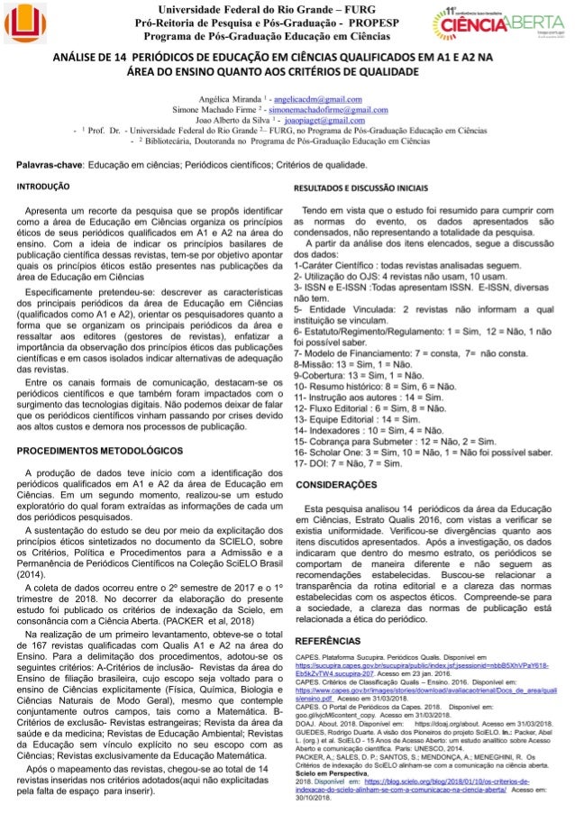 Análise de 14 periódicos de educação em ciências qualificados em a1 e a2 na área do ensino quanto aos critérios de qualidade