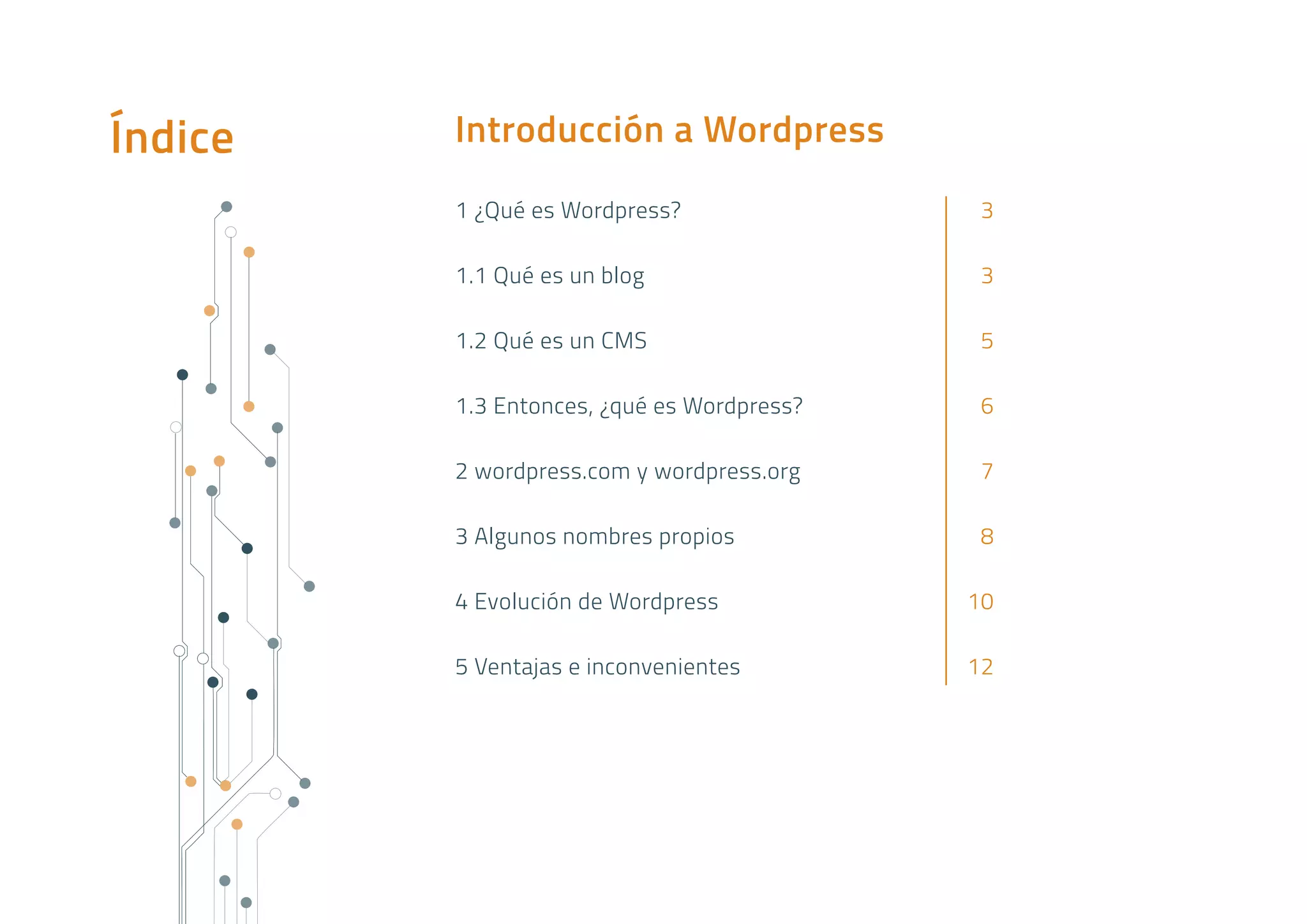 Índice Introducción a Wordpress
1 ¿Qué es Wordpress?	 3
1.1 Qué es un blog	 3
1.2 Qué es un CMS	 5
1.3 Entonces, ¿qué es Wordpress?	 6
2 wordpress.com y wordpress.org	 7
3 Algunos nombres propios	 8
4 Evolución de Wordpress	 10
5 Ventajas e inconvenientes	 12
 