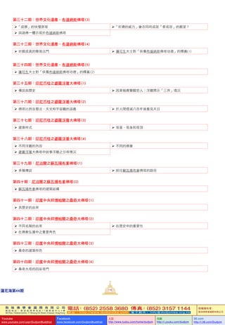敦 珠 佛 學 會 國 際 有 限 公 司
通 訊 地 址 ： 香 港 柴 灣 常 安 街 7 7 號 發 達 中 心 4 樓
4th Floor, Federal Centre, 77 Sheung On Street, Chaiwan, Hong Kong
電話：(852) 2558 3680 傳真：(852) 3157 1144
網 址 ： h t t p : / / w w w . d u d j o m b a . c o m 電 子 郵 件 ： info@dudjomba.org.hk
版權擁有者：
敦珠佛學會國際有限公司
Youtube
www.youtube.com/user/DudjomBuddhist
Facebook
www.facebook.com/DudjomBuddhist
土豆
http://www.tudou.com/home/dudjom
优酷
http://i.youku.com/dudjom
56.com
http://i.56.com/Dudjom
敦 珠 佛 學 會 國 際 有 限 公 司
通 訊 地 址 ： 香 港 柴 灣 常 安 街 7 7 號 發 達 中 心 4 樓
4th Floor, Federal Centre, 77 Sheung On Street, Chaiwan, Hong Kong
電話：(852) 2558 3680 傳真：(852) 3157 1144
網 址 ： h t t p : / / w w w . d u d j o m b a . c o m 電 子 郵 件 ： info@dudjomba.org.hk
版權擁有者：
敦珠佛學會國際有限公司
Youtube
www.youtube.com/user/DudjomBuddhist
Facebook
www.facebook.com/DudjomBuddhist
土豆
http://www.tudou.com/home/dudjom
优酷
http://i.youku.com/dudjom
56.com
http://i.56.com/Dudjom
116蓮花海第44期
第三十二期：世界文化遺產–布達納斯佛塔(3)
「成佛」的快慢原理 「祈禱的威力」會否同時成就「善或惡」的願望？
  與諸佛一體示現於布達納斯佛塔
第三十三期：世界文化遺產–布達納斯佛塔(4)
  祈願成真的簡易法門   蓮花生大士對「供養布達納斯佛塔功德」的釋義(1)
第三十四期：世界文化遺產–布達納斯佛塔(5)
  蓮花生大士對「供養布達納斯佛塔功德」的釋義 (2)
第三十五期：印尼爪哇之婆羅浮屠大佛塔(1)
  傳說與歷史   因果報應警醒世人：浮雕開示「三界」境況
第三十六期：印尼爪哇之婆羅浮屠大佛塔(2)
  佛塔比例含曆法、天文和宇宙觀的涵義   於人間煙滅八百年後重見天日
第三十七期：印尼爪哇之婆羅浮屠大佛塔(3)
  建築特式   塔基、塔身和塔頂
第三十八期：印尼爪哇之婆羅浮屠大佛塔(4)
  不同浮雕的內容   不同的佛像
  婆羅浮屠大佛塔中敘事浮雕之分佈情況
第三十九期：尼泊爾之蘇瓦揚布拿佛塔(1)
  多種傳說   前往蘇瓦揚布拿佛塔的路徑
第四十期：尼泊爾之蘇瓦揚布拿佛塔(2)
  蘇瓦揚布拿佛塔的建築結構
第四十一期：印度中央邦博帕爾之桑奇大佛塔(1)
  其歷史的由來
第四十二期：印度中央邦博帕爾之桑奇大佛塔(2)
  不同名稱的由來   在歷史中的重要性
  在佛教弘播中之重要角色
第四十三期：印度中央邦博帕爾之桑奇大佛塔(3)
  桑奇的建築特色
第四十四期：印度中央邦博帕爾之桑奇大佛塔(4)
  桑奇大塔的四座塔門
 