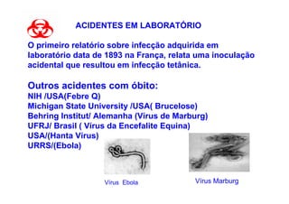 ACIDENTES EM LABORATÓRIO

O primeiro relatório sobre infecção adquirida em
laboratório data de 1893 na França, relata uma inoculação
acidental que resultou em infecção tetânica.

Outros acidentes com óbito:
NIH /USA(Febre Q)
Michigan State University /USA( Brucelose)
Behring Institut/ Alemanha (Vírus de Marburg)
UFRJ/ Brasil ( Vírus da Encefalite Equina)
USA/(Hanta Vírus)
URRS/(Ebola)



                   Vírus Ebola            Vírus Marburg
 