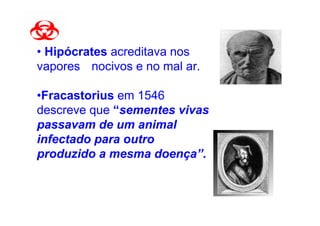 • Hipócrates acreditava nos
vapores nocivos e no mal ar.

•Fracastorius em 1546
descreve que “sementes vivas
passavam de um animal
infectado para outro
produzido a mesma doença”.
 