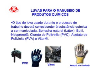 LUVAS PARA O MANUSEIO DE
              PRODUTOS QUÍMICOS

•O tipo de luva usado durante o processo de
trabalho deverá corresponder à substância química
a ser manipulada. Borracha natural (Látex), Butíl,
Neoprene®, Cloreto de Polivinila (PVC), Acetato de
Polivinila (PVA) e Viton®.




       PVC             Viton          Zetex® ou Kevlar®
 
