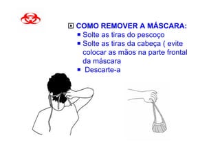 COMO REMOVER A MÁSCARA:
 Solte as tiras do pescoço
 Solte as tiras da cabeça ( evite
 colocar as mãos na parte frontal
 da máscara
  Descarte-a
 