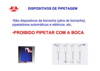 DISPOSITIVOS DE PIPETAGEM


•São dispositivos de borracha (pêra de borracha),
pipetadores automáticos e elétricos, etc.

•PROIBIDO PIPETAR COM A BOCA
 