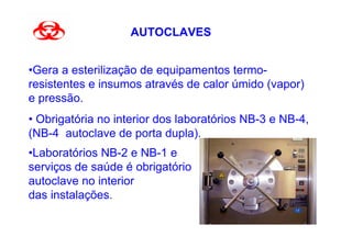 AUTOCLAVES


•Gera a esterilização de equipamentos termo-
resistentes e insumos através de calor úmido (vapor)
e pressão.
• Obrigatória no interior dos laboratórios NB-3 e NB-4,
(NB-4 autoclave de porta dupla).
•Laboratórios NB-2 e NB-1 e
serviços de saúde é obrigatório
autoclave no interior
das instalações.
 
