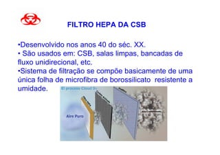 FILTRO HEPA DA CSB

•Desenvolvido nos anos 40 do séc. XX.
• São usados em: CSB, salas limpas, bancadas de
fluxo unidirecional, etc.
•Sistema de filtração se compõe basicamente de uma
única folha de microfibra de borossilicato resistente a
umidade.
 