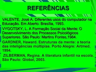 REFERÊNCIAS VALENTE, José A. Diferentes usos do computador na Educação. Em Aberto: Brasília, 1993. VYGOTSKY, L. A Formação Social da Mente: O Desenvolvimento dos Processos Psicológicos Superiores. São Paulo: Martins Fontes,1984. GARDNER, Haward. Estruturas da mente: a teoria das inteligências múltiplas. Porto Alegre: Artmed, 1994.   ZILBERMAN, Regina. A literatura infantil na escola. São Paulo: Global, 2003. 