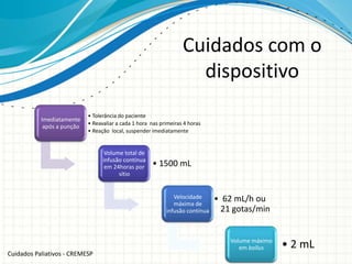 Cuidados com o
                                                                     dispositivo
                            • Tolerância do paciente
           Imediatamente
                            • Reavaliar a cada 1 hora nas primeiras 4 horas
            após a punção
                            • Reação local, suspender imediatamente


                                   Volume total de
                                  infusão contínua
                                   em 24horas por     • 1500 mL
                                        sítio


                                                               Velocidade      • 62 mL/h ou
                                                               máxima de
                                                            infusão contínua    21 gotas/min


                                                                                  Volume máximo
                                                                                     em bollus    • 2 mL
Cuidados Paliativos - CREMESP
 