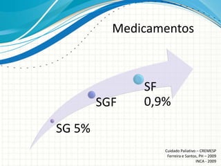 Medicamentos



              SF
        SGF   0,9%
SG 5%
                 Cuidado Paliativo – CREMESP
                  Ferreira e Santos, PH – 2009
                                   INCA - 2009
 