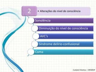 2    • Alterações do nível de consciência


    Sonolência

      Diminuição do nível de consciência

       AVC’s

      Síndrome delírio-confusional

    Coma




                                  Cuidado Paliativo – CREMESP
 