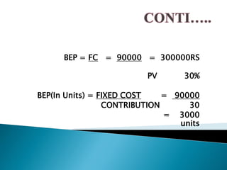 BEP = FC = 90000 = 300000RS
PV 30%
BEP(In Units) = FIXED COST = 90000
CONTRIBUTION 30
= 3000
units
 