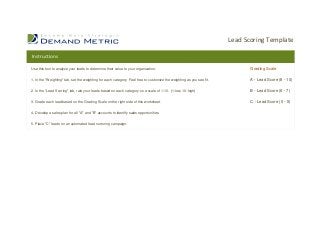 Lead Scoring Template
Instructions
Use this tool to analyze your leads to determine their value to your organization.

Grading Scale

1. In the "Weighting" tab, set the weighting for each category. Feel free to customize the weighting as you see fit.

A - Lead Score (8 - 10)

2. In the "Lead Scoring" tab, rate your leads based on each category on a scale of 1-10. (1-low, 10-high)

B - Lead Score (6 - 7)

3. Grade each lead based on the Grading Scale on the right side of this worksheet.

C - Lead Score (0 - 5)

4. Develop a sales plan for all "A" and "B" accounts to identify sales opportunities.
5. Place "C" leads on an automated lead nurturing campaign.

 