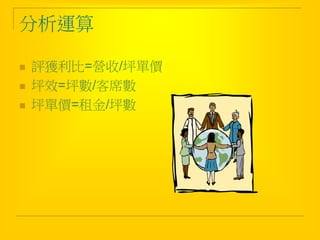 分析運算
 評獲利比=營收/坪單價
 坪效=坪數/客席數
 坪單價=租金/坪數
 