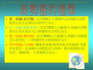  第一商圈(徒步圈) :直徑500公尺範圍內,此商圈內消費
需求以民生必需品及便利行為主。
 第二商圈(腳踏車圈) :直徑1500公尺範圍內,商圈內消費
需求以民生需求及口碑獨特性差異性為主。
 第三商圈(機車圈) :直徑3000公尺範圍內,商圈內消費需
求以差異性、口碑獨特性及修閒需求為主。
 第四商圈(汽車圈):屬衛星商圈,開車所能及的範圍,考慮
停車需求。此商圈內消費需求以休閒、競合販賣(如商
店街、電腦城)、大型量販店為主。
 