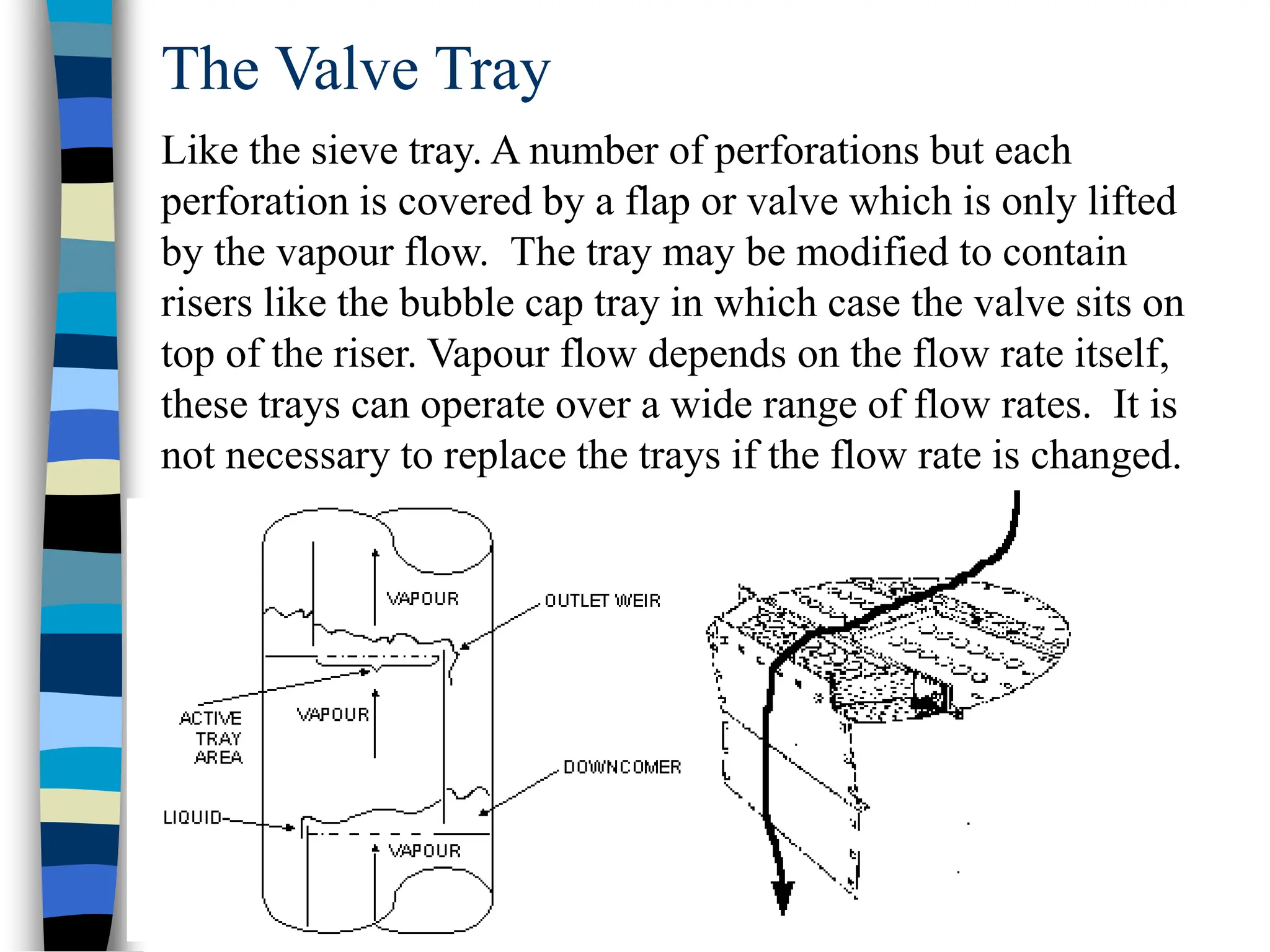 The Valve Tray
Like the sieve tray. A number of perforations but each
perforation is covered by a flap or valve which is only lifted
by the vapour flow. The tray may be modified to contain
risers like the bubble cap tray in which case the valve sits on
top of the riser. Vapour flow depends on the flow rate itself,
these trays can operate over a wide range of flow rates. It is
not necessary to replace the trays if the flow rate is changed.
 