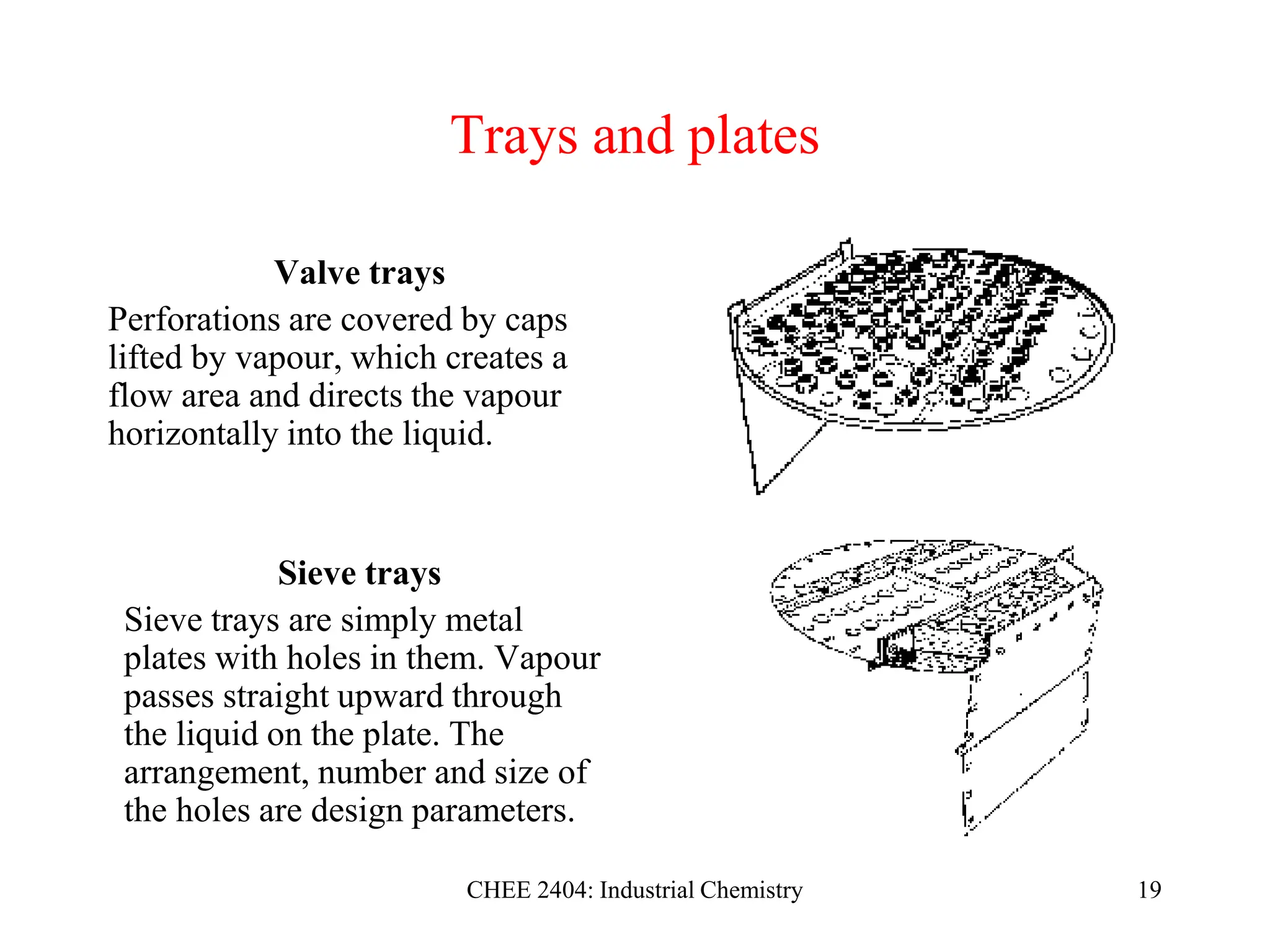 CHEE 2404: Industrial Chemistry 19
Trays and plates
Valve trays
Perforations are covered by caps
lifted by vapour, which creates a
flow area and directs the vapour
horizontally into the liquid.
Sieve trays
Sieve trays are simply metal
plates with holes in them. Vapour
passes straight upward through
the liquid on the plate. The
arrangement, number and size of
the holes are design parameters.
 