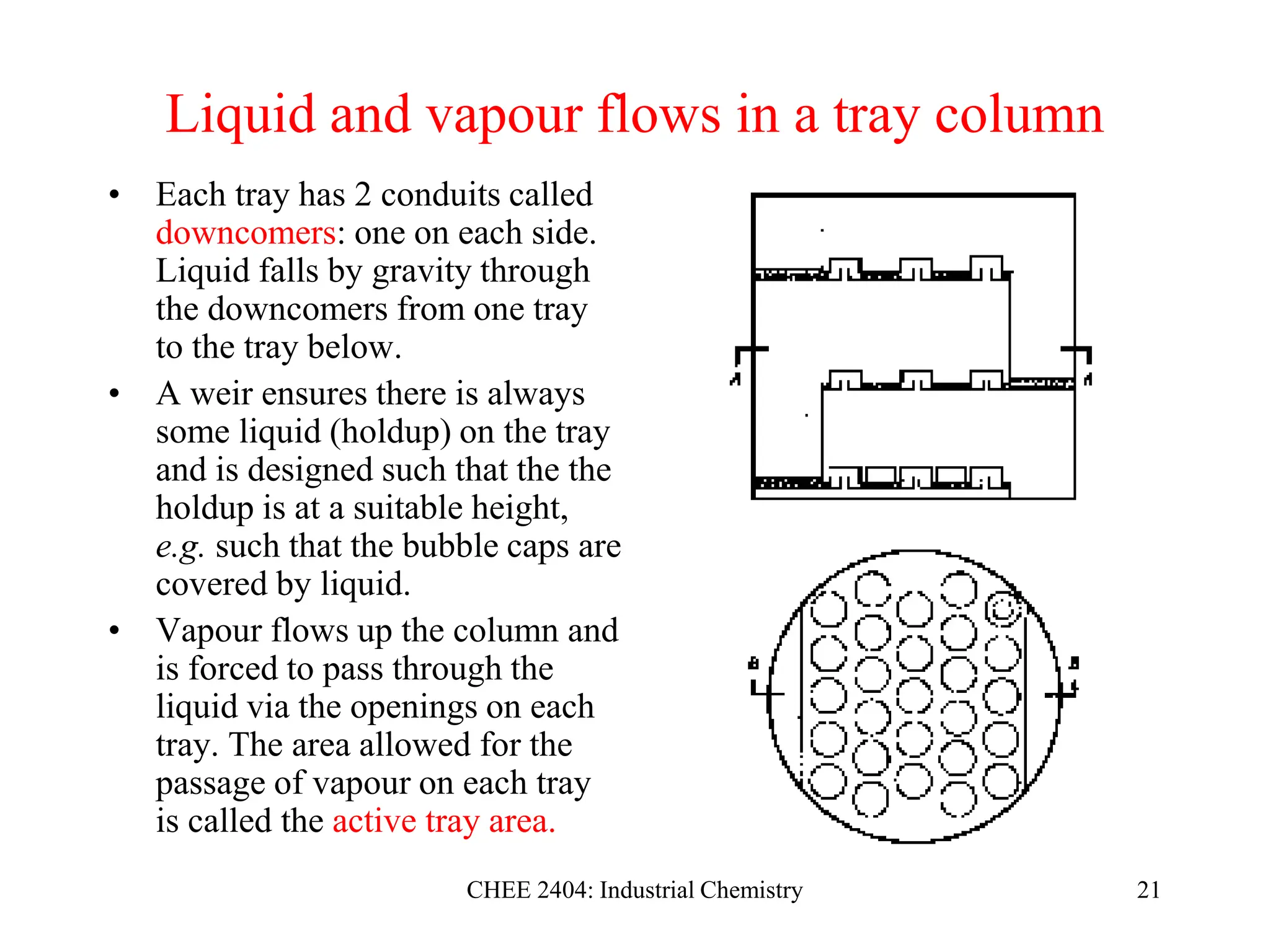 CHEE 2404: Industrial Chemistry 21
Liquid and vapour flows in a tray column
• Each tray has 2 conduits called
downcomers: one on each side.
Liquid falls by gravity through
the downcomers from one tray
to the tray below.
• A weir ensures there is always
some liquid (holdup) on the tray
and is designed such that the the
holdup is at a suitable height,
e.g. such that the bubble caps are
covered by liquid.
• Vapour flows up the column and
is forced to pass through the
liquid via the openings on each
tray. The area allowed for the
passage of vapour on each tray
is called the active tray area.
 