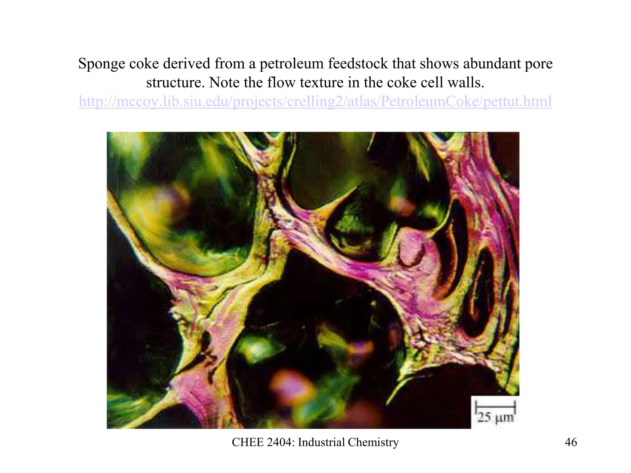 CHEE 2404: Industrial Chemistry 46
Sponge coke derived from a petroleum feedstock that shows abundant pore
structure. Note the flow texture in the coke cell walls.
http://mccoy.lib.siu.edu/projects/crelling2/atlas/PetroleumCoke/pettut.html
 