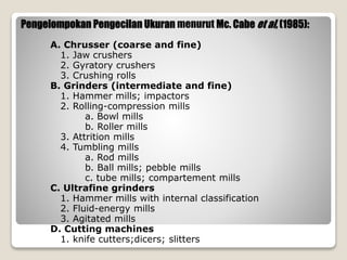 Pengelompokan Pengecilan Ukuran menurut Mc. Cabe et al, (1985):
A. Chrusser (coarse and fine)
1. Jaw crushers
2. Gyratory crushers
3. Crushing rolls
B. Grinders (intermediate and fine)
1. Hammer mills; impactors
2. Rolling-compression mills
a. Bowl mills
b. Roller mills
3. Attrition mills
4. Tumbling mills
a. Rod mills
b. Ball mills; pebble mills
c. tube mills; compartement mills
C. Ultrafine grinders
1. Hammer mills with internal classification
2. Fluid-energy mills
3. Agitated mills
D. Cutting machines
1. knife cutters;dicers; slitters
 