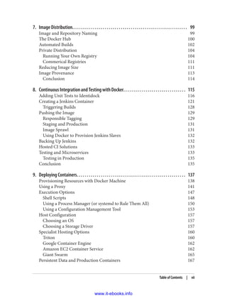 7. Image Distribution. . . . . . . . . . . . . . . . . . . . . . . . . . . . . . . . . . . . . . . . . . . . . . . . . . . . . . . . . 99
Image and Repository Naming 99
The Docker Hub 100
Automated Builds 102
Private Distribution 104
Running Your Own Registry 104
Commerical Registries 111
Reducing Image Size 111
Image Provenance 113
Conclusion 114
8. Continuous Integration and Testing with Docker. . . . . . . . . . . . . . . . . . . . . . . . . . . . . . . 115
Adding Unit Tests to Identidock 116
Creating a Jenkins Container 121
Triggering Builds 128
Pushing the Image 129
Responsible Tagging 129
Staging and Production 131
Image Sprawl 131
Using Docker to Provision Jenkins Slaves 132
Backing Up Jenkins 132
Hosted CI Solutions 133
Testing and Microservices 133
Testing in Production 135
Conclusion 135
9. Deploying Containers. . . . . . . . . . . . . . . . . . . . . . . . . . . . . . . . . . . . . . . . . . . . . . . . . . . . . . 137
Provisioning Resources with Docker Machine 138
Using a Proxy 141
Execution Options 147
Shell Scripts 148
Using a Process Manager (or systemd to Rule Them All) 150
Using a Configuration Management Tool 153
Host Configuration 157
Choosing an OS 157
Choosing a Storage Driver 157
Specialist Hosting Options 160
Triton 160
Google Container Engine 162
Amazon EC2 Container Service 162
Giant Swarm 165
Persistent Data and Production Containers 167
Table of Contents | vii
www.it-ebooks.info
 
