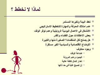 ‫؟‬ ‫نخطط‬ ‫ال‬ ‫لماذا‬

‫المستمر‬ ‫وتغيرها‬ ‫البيئة‬ ‫تعقد‬

‫االستراتيجي‬ ‫للتخطيط‬ ‫والمهارة‬ ‫المعرفة‬ ‫امتالك‬ ‫عدم‬

‫الوقت‬ ‫توفر‬ ‫وعدم‬ ‫الروتينية‬ ‫اليومية‬ ‫االعمال‬ ‫في‬ ‫االنشغال‬

‫والقدر‬ ‫القضاء‬ ‫حول‬ ‫االعتقادات‬ ‫بعض‬

‫والكبيرة‬ ‫منها‬ ‫الصغيرة‬ ‫المنظمات؟‬ ‫لكل‬ ‫يصلح‬ ‫هل‬

‫مستقرة‬ ‫الغير‬ ‫والسياسية‬ ‫االقتصادية‬ ‫االوضاع‬

‫مخاوف‬ ‫وجود‬

‫الوقت‬ ‫اضاعة‬

‫المرونة‬ ‫وعدم‬ ‫الجمود‬

‫عالية‬ ‫تكلفة‬ ‫للمال‬ ‫اهدار‬

‫ذاتها‬ ‫حد‬ ‫في‬ ‫غاية‬ ‫تصبح‬ ‫ان‬
 