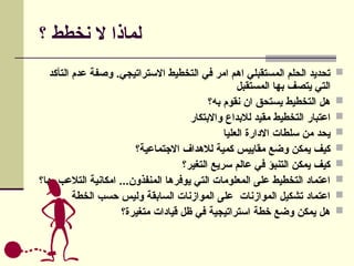 ‫؟‬ ‫نخطط‬ ‫ال‬ ‫لماذا‬

‫التأكد‬ ‫عدم‬ ‫وصفة‬ .‫االستراتيجي‬ ‫التخطيط‬ ‫في‬ ‫امر‬ ‫اهم‬ ‫المستقبلي‬ ‫الحلم‬ ‫تحديد‬
‫المستقبل‬ ‫بها‬ ‫يتصف‬ ‫التي‬

‫به؟‬ ‫نقوم‬ ‫ان‬ ‫يستحق‬ ‫التخطيط‬ ‫هل‬

‫واالبتكار‬ ‫لالبداع‬ ‫مقيد‬ ‫التخطيط‬ ‫اعتبار‬

‫العليا‬ ‫االدارة‬ ‫سلطات‬ ‫من‬ ‫يحد‬

‫االجتماعية؟‬ ‫لالهداف‬ ‫كمية‬ ‫مقاييس‬ ‫وضع‬ ‫يمكن‬ ‫كيف‬

‫التغير؟‬ ‫سريع‬ ‫عالم‬ ‫في‬ ‫التنبؤ‬ ‫يمكن‬ ‫كيف‬

‫بها؟‬ ‫التالعب‬ ‫امكانية‬ ...‫المنفذون‬ ‫يوفرها‬ ‫التي‬ ‫المعلومات‬ ‫على‬ ‫التخطيط‬ ‫اعتماد‬

‫الخطة‬ ‫حسب‬ ‫وليس‬ ‫السابقة‬ ‫الموازنات‬ ‫على‬ ‫الموازنات‬ ‫تشكيل‬ ‫اعتماد‬

‫متغيرة؟‬ ‫قيادات‬ ‫ظل‬ ‫في‬ ‫استراتيجية‬ ‫خطة‬ ‫وضع‬ ‫يمكن‬ ‫هل‬
 