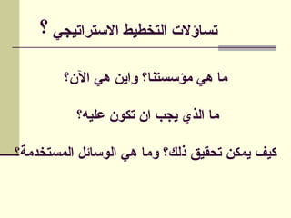 ‫االستراتيجي‬ ‫التخطيط‬ ‫تساؤالت‬
‫؟‬
‫اآلن؟‬ ‫هي‬ ‫واين‬ ‫مؤسستنا؟‬ ‫هي‬ ‫ما‬
‫عليه؟‬ ‫تكون‬ ‫ان‬ ‫يجب‬ ‫الذي‬ ‫ما‬
‫المستخدمة؟‬ ‫الوسائل‬ ‫هي‬ ‫وما‬ ‫ذلك؟‬ ‫تحقيق‬ ‫يمكن‬ ‫كيف‬
 