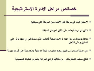 ‫االستراتيجية‬ ‫االدارة‬ ‫مراحل‬ ‫خصائص‬

.‫سبقتها‬ ‫التي‬ ‫المرحلة‬ ‫من‬ ‫االنتهاء‬ ‫قبل‬ ‫مرحلة‬ ‫في‬ ‫البدء‬ ‫يمكن‬ ‫ال‬

‫السابقة‬ ‫المراحل‬ ‫اتقان‬ ‫على‬ ‫يعتمد‬ ‫مرحلة‬ ‫كل‬ ‫اتقان‬

‫على‬ ‫يؤثر‬ ‫منها‬ ‫اي‬ ‫في‬ ‫يحدث‬ ‫الذي‬ ‫فالتغيير‬ ‫االستراتيجية‬ ‫االدارة‬ ‫مراحل‬ ‫وتكامل‬ ‫تداخل‬
‫الالحق‬ ‫وعلى‬ ‫السابق‬

‫دورية‬ ‫فترات‬ ‫على‬ ‫والخارجية‬ ‫الداخلية‬ ‫البيئة‬ ‫متغيرات‬ ‫ورصد‬ ‫تقييم‬ ...‫مستمرة‬ ‫عملية‬ ‫هي‬

‫تصحيحية‬ ‫عمليات‬ ‫وتجرى‬ ‫المراحل‬ ‫تراجع‬ ‫خاللها‬ ‫من‬ ...‫للمعلومات‬ ‫مستمر‬ ‫تدفق‬
 