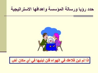 ‫االستراتيجية‬ ‫واهدافها‬ ‫المؤسسة‬ ‫ورسالة‬ ‫رؤيا‬ ‫حدد‬
‫آخر‬ ‫مكان‬ ‫أي‬ ‫في‬ ‫تبنيها‬ ‫فلن‬ ‫الهواء‬ ‫في‬ ‫قالعك‬ ‫تبن‬ ‫لم‬ ‫اذا‬
 