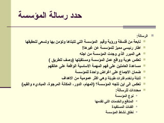 ‫المؤسسة‬ ‫رسالة‬ ‫حدد‬

:‫الرسالة‬

‫لتحقيقها‬ ‫وتسعى‬ ‫بها‬ ‫وتؤمن‬ ‫تتبناها‬ ‫التي‬ ‫المؤسسة‬ ‫وقيم‬ ‫ورؤية‬ ‫فلسفة‬ ‫من‬ ‫نابعة‬

!‫غيرها‬ ‫عن‬ ‫للمؤسسة‬ ‫مميز‬ ‫رئيسي‬ ‫اطار‬

‫اجله‬ ‫من‬ ‫المؤسسة‬ ‫وجدت‬ ‫الذي‬ ‫المبرر‬ ‫هي‬

) ‫للطريق‬ ‫(وصف‬ ‫ومستقبلها‬ ‫المؤسسة‬ ‫عمل‬ ‫وواقع‬ ‫هوية‬ ‫تعكس‬

‫عاتقهم‬ ‫على‬ ‫الواقعة‬ ‫االساسية‬ ‫المهمة‬ ‫فهم‬ ‫على‬ ‫العاملين‬ ‫مساعدة‬

‫للمؤسسة‬ ‫واحدة‬ ‫اغراض‬ ‫على‬ ‫االجماع‬ ‫ضمان‬

‫طويلة‬ ‫فترات‬ ‫وتخدم‬ ‫ثابتة‬
‫االهداف‬ ‫من‬ ‫عمومية‬ ‫اكثر‬ ‫وهي‬

)‫والقيم‬ ‫المباديء‬ ،‫المرجوة‬ ‫المكانة‬ ،‫الدور‬ ،‫(المهام‬ ‫المؤسسة؟‬ ‫تتجه‬ ‫اين‬ ‫الى‬ ‫تعكس‬

:‫للرسالة‬ ‫محددات‬

‫المؤسسة‬ ‫نوع‬

‫تقدمها‬ ‫التي‬ ‫والخدمات‬ ‫المنافع‬

‫المستفيدة‬ ‫الفئات‬

‫المؤسسة‬ ‫نشاط‬ ‫نطاق‬
 