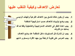 ‫عليها‬ ‫التغلب‬ ‫وكيفية‬ ‫االهداف‬ ‫تعارض‬
.1
‫الرئيسى‬ ‫والهدف‬ ‫الفرعية‬ ‫االهداف‬ ‫بين‬ ‫تناسق‬ ‫هناك‬ ‫يكون‬ ‫أن‬ ‫يجب‬
.2
‫المنظمة‬ ‫استراتيجية‬ ‫حسب‬ ‫لالهداف‬ ‫اولويات‬ ‫وضع‬ ‫يجب‬
.3
‫قد‬ ‫لما‬ ‫وفقا‬ ‫والتشغيلية‬ ‫االستراتيجية‬ ‫االهداف‬ ‫فى‬ ‫النظر‬ ‫اعادة‬ ‫يجب‬
‫ظروف‬ ‫من‬ ‫يستجد‬
.4
‫االهداف‬ ‫وضع‬ ‫عند‬ ‫المنظمة‬ ‫داخل‬ ‫المستويات‬ ‫كل‬ ‫تشارك‬ ‫ان‬ ‫يجب‬
.5
‫ادائهم‬ ‫ومستوى‬ ‫االفراد‬ ‫جهد‬ ‫بين‬ ‫الرابطة‬ ‫تقوية‬ ‫على‬ ‫الحرص‬ ‫يجب‬
 