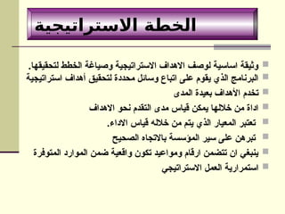 ‫االستراتيجية‬ ‫الخطة‬

.‫لتحقيقها‬ ‫الخطط‬ ‫وصياغة‬ ‫االستراتيجية‬ ‫االهداف‬ ‫لوصف‬ ‫اساسية‬ ‫وثيقة‬

‫استراتيجية‬ ‫أهداف‬ ‫لتحقيق‬ ‫محددة‬ ‫وسائل‬ ‫اتباع‬ ‫على‬ ‫يقوم‬ ‫الذي‬ ‫البرنامج‬

‫المدى‬ ‫بعيدة‬ ‫األهداف‬ ‫تخدم‬

‫االهداف‬ ‫نحو‬ ‫التقدم‬ ‫مدى‬ ‫قياس‬ ‫يمكن‬ ‫خاللها‬ ‫من‬ ‫اداة‬

.‫االداء‬ ‫قياس‬ ‫خالله‬ ‫من‬ ‫يتم‬ ‫الذي‬ ‫المعيار‬ ‫تعتبر‬

‫الصحيح‬ ‫باالتجاه‬ ‫المؤسسة‬ ‫سير‬ ‫على‬ ‫تبرهن‬

‫المتوفرة‬ ‫الموارد‬ ‫ضمن‬ ‫واقعية‬ ‫تكون‬ ‫ومواعيد‬ ‫ارقام‬ ‫تتضمن‬ ‫ان‬ ‫ينبغي‬

‫االستراتيجي‬ ‫العمل‬ ‫استمرارية‬
 