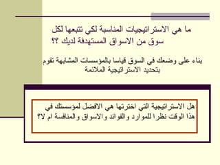 ‫لكل‬ ‫تتبعها‬ ‫لكي‬ ‫المناسبة‬ ‫االستراتيجيات‬ ‫هي‬ ‫ما‬
‫؟؟‬ ‫لديك‬ ‫المستهدفة‬ ‫االسواق‬ ‫من‬ ‫سوق‬
‫تقوم‬ ‫المشابهة‬ ‫بالمؤسسات‬ ‫قياسا‬ ‫السوق‬ ‫في‬ ‫وضعك‬ ‫على‬ ‫بناء‬
‫المالئمة‬ ‫االستراتيجية‬ ‫بتحديد‬
‫في‬ ‫لمؤسستك‬ ‫االفضل‬ ‫هي‬ ‫اخترتها‬ ‫التي‬ ‫االستراتيجية‬ ‫هل‬
‫ال؟‬ ‫ام‬ ‫والمنافسة‬ ‫واالسواق‬ ‫والفوائد‬ ‫للموارد‬ ‫نظرا‬ ‫الوقت‬ ‫هذا‬
 