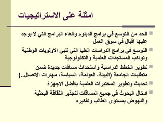 ‫االستراتيجيات‬ ‫على‬ ‫امثلة‬

‫يوجد‬ ‫ال‬ ‫التي‬ ‫البرامج‬ ‫والغاء‬ ‫الدبلوم‬ ‫برامج‬ ‫في‬ ‫التوسع‬ ‫من‬ ‫الحد‬
‫العمل‬ ‫سوق‬ ‫في‬ ‫اقبال‬ ‫عليها‬

‫الوطنية‬ ‫االولويات‬ ‫تلبي‬ ‫التي‬ ‫العليا‬ ‫الدراسات‬ ‫برامج‬ ‫في‬ ‫التوسع‬
‫والتكنولوجية‬ ‫العلمية‬ ‫المستجدات‬ ‫وتواكب‬

‫ضمن‬ ‫جديدة‬ ‫مساقات‬ ‫واستحداث‬ ‫الدراسية‬ ‫الخطط‬ ‫تطوير‬
)..‫االتصال‬ ‫مهارات‬ ،‫السياسة‬ ،‫العولمة‬ ،‫(البيئة‬ ‫الجامعة‬ ‫متطلبات‬

‫االجهزة‬ ‫بافضل‬ ‫العلمية‬ ‫المختبرات‬ ‫وتطوير‬ ‫تحديث‬

‫البحثية‬ ‫الثقافة‬ ‫لتجذير‬ ‫المساقات‬ ‫جميع‬ ‫في‬ ‫البحوث‬ ‫ادخال‬
‫وتفكيره‬ ‫الطالب‬ ‫بمستوى‬ ‫والنهوض‬
 