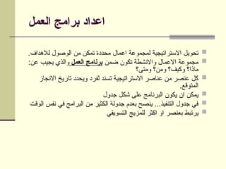 ‫العمل‬ ‫برامج‬ ‫اعداد‬

.‫لالهداف‬ ‫الوصول‬ ‫من‬ ‫تمكن‬ ‫محددة‬ ‫اعمال‬ ‫لمجموعة‬ ‫االستراتيجية‬ ‫تحويل‬

‫ضمن‬ ‫تكون‬ ‫واالنشطة‬ ‫االعمال‬ ‫مجموعة‬
‫العمل‬ ‫برنامج‬
:‫عن‬ ‫يجيب‬ ‫والذي‬
‫ومتى؟‬ ‫ومن؟‬ ‫وكيف؟‬ ‫ماذا؟‬

‫االنجاز‬ ‫تاريخ‬ ‫ويحدد‬ ‫لفرد‬ ‫تسند‬ ‫االستراتيجية‬ ‫عناصر‬ ‫من‬ ‫عنصر‬ ‫كل‬
.‫المتوقع‬

‫جدول‬ ‫شكل‬ ‫على‬ ‫البرنامج‬ ‫يكون‬ ‫ان‬ ‫يمكن‬

‫الوقت‬ ‫نفس‬ ‫في‬ ‫البرامج‬ ‫من‬ ‫الكثير‬ ‫جدولة‬ ‫بعدم‬ ‫ينصح‬ ...‫التنفيذ‬ ‫جدول‬ ‫في‬

‫التسويقي‬ ‫للمزيج‬ ‫اكثر‬ ‫او‬ ‫بعنصر‬ ‫يرتبط‬
 