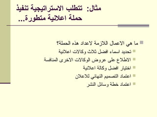 ‫تنفيذ‬ ‫االستراتيجية‬ ‫تتطلب‬ :‫مثال‬
...‫متطورة‬ ‫اعالنية‬ ‫حملة‬

‫الحملة؟‬ ‫هذه‬ ‫العداد‬ ‫الالزمة‬ ‫االعمال‬ ‫هي‬ ‫ما‬

‫اعالنية‬ ‫االت‬v‫ك‬‫و‬ ‫ثالث‬ ‫افضل‬ ‫اء‬v‫م‬‫اس‬ ‫تحديد‬

‫المنافسة‬ ‫االخرى‬ ‫الوكاالت‬ ‫عروض‬ ‫على‬ ‫االطالع‬

‫اعالنية‬ ‫الة‬v‫ك‬‫و‬ ‫افضل‬ ‫اختيار‬

‫لالعالن‬ ‫النهائي‬ ‫التصميم‬ ‫اد‬v‫م‬‫اعت‬

‫النشر‬ ‫وسائل‬ ‫خطة‬ ‫اعتماد‬
 